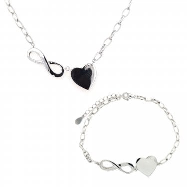 Sterling Silver Plain Large Infinity & Heart Belcher Link Necklace & Bracelet Set 2.2 x 0.7cm, 1.4 x 1.3cm, 17cm + 3cm, 16-18"