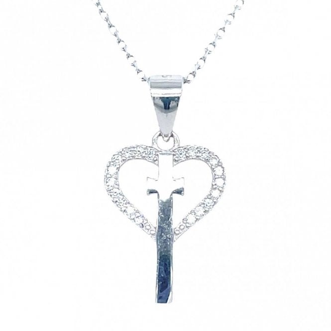 Faith Sterling Silver Sterling Silver Plain Long Cross with Short CZ Heart Outline Necklace 15x12mm, 16-18