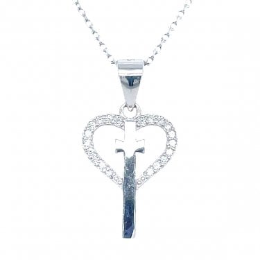 Sterling Silver Plain Long Cross with Short CZ Heart Outline Necklace 15x12mm, 16-18"