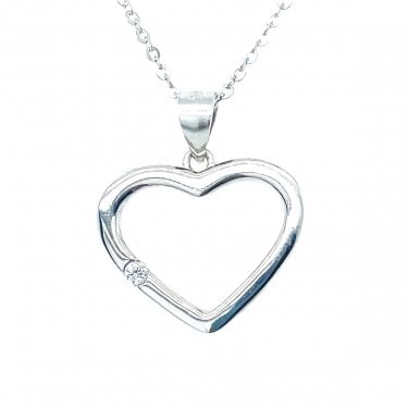 Sterling Silver Plain Open Heart with Single CZ Necklace 15x18mm, 16-18"