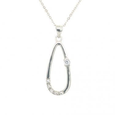 Sterling Silver Plain Open Oblong with 1 Side CZ & 5 Bottom CZ Necklace 27x12mm, 16-18"