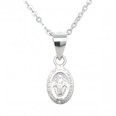 Sterling Silver Plain Oval Miraculous Medal Necklace 13x10mm, 16-18"