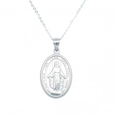 Sterling Silver Plain Oval Miraculous Medal Necklace 20x14mm, 16-18"