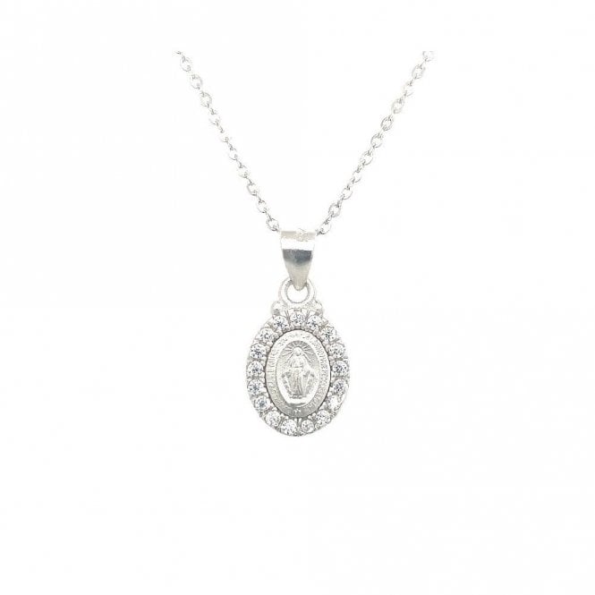 Faith Sterling Silver Sterling Silver Plain Oval Miraculous Medal with Thick CZ Surround Necklace 13x10 mm, 16-18