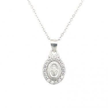 Sterling Silver Plain Oval Miraculous Medal with Thick CZ Surround Necklace 13x10 mm, 16-18"
