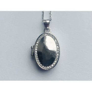 Sterling Silver Plain Oval with Stone Set Edge 19 x 13mm Locket & 18" Chain