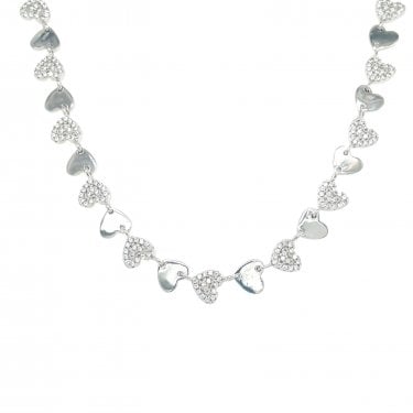 Sterling Silver Plain & Pave Alternating Hearts Link Extendable Necklace 39.5+4cm