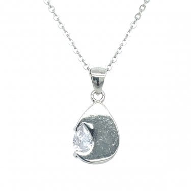 Sterling Silver Plain Pear Disc with Single CZ Pear Stone Necklace 11x9mm, 16-18"