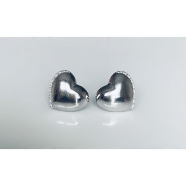 Sterling Silver Plain Raised Heart with CZ Outside Edge Stud Earrings 10x11mm
