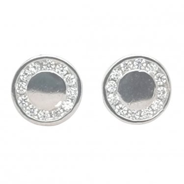 Sterling Silver Plain Round Centre CZ Halo Rubover Edge Stud Earrings