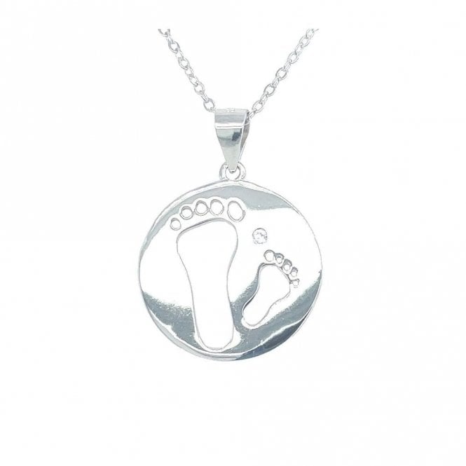 Faith Sterling Silver Sterling Silver Plain Round Disc with Parent & Baby Cutout Footprint Necklace 18x18mm, 16-18