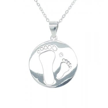 Sterling Silver Plain Round Disc with Parent & Baby Cutout Footprint Necklace 18x18mm, 16-18"