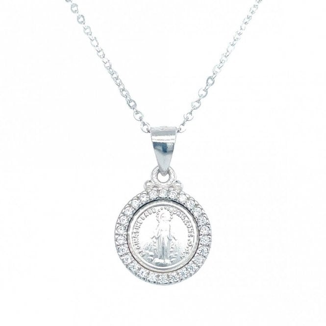 Faith Sterling Silver Sterling Silver Plain Round Miraculous Medal with CZ Surround Necklace 12mm, 16-18