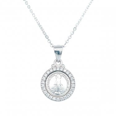 Sterling Silver Plain Round Miraculous Medal with CZ Surround Necklace 12mm, 16-18"