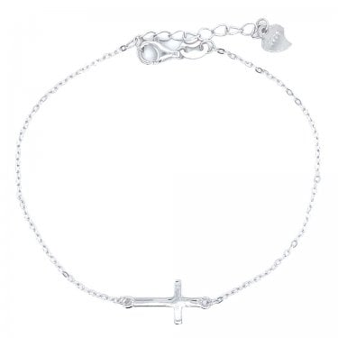 Sterling Silver Plain Sideways Cross Bracelet 16+3cm