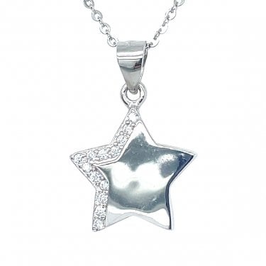 Sterling Silver Plain Star with CZ Shadow Necklace 14x15mm, 16-18"