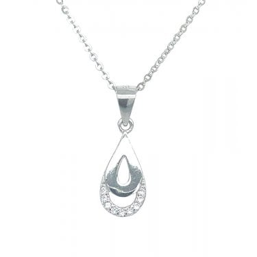 Sterling Silver Plain Teardrop with CZ Shadow Necklace 13x7mm, 16-18"