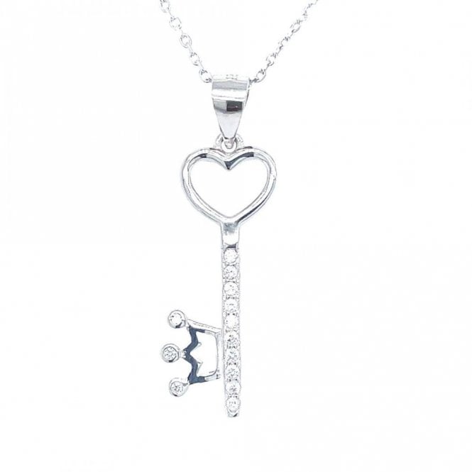 Faith Sterling Silver Sterling Silver Plain Top Key with CZ & Crown Bottom Necklace 23x10mm, 16-18