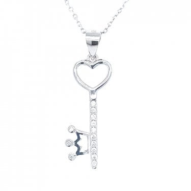 Sterling Silver Plain Top Key with CZ & Crown Bottom Necklace 23x10mm, 16-18"