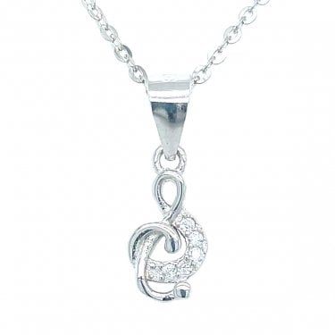 Sterling Silver Plain Treble Clef with Part CZ Necklace 10x6mm, 16-18"