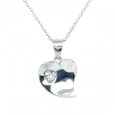 Sterling Silver Plain Wavy Heart with CZ Heart Inside Necklace 12mm, 16-18"