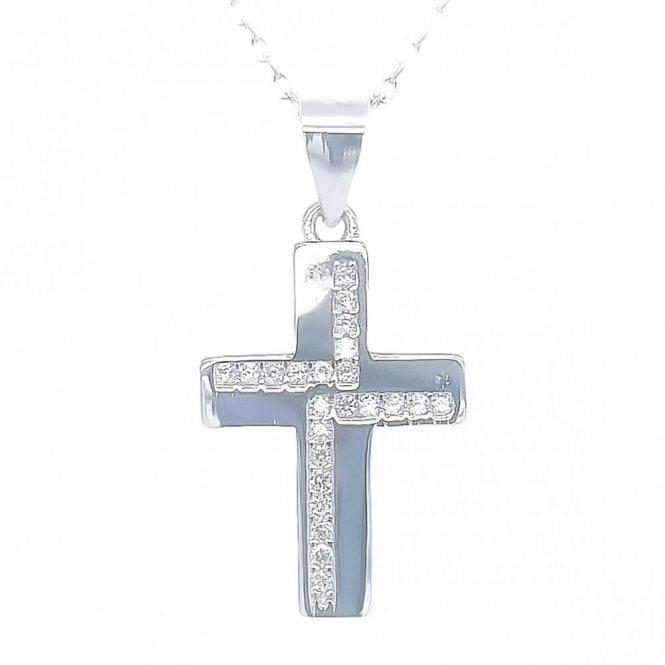 Faith Sterling Silver Sterling Silver Plain with Alternate CZ Sides Cross Necklace 18x12mm, 16-18