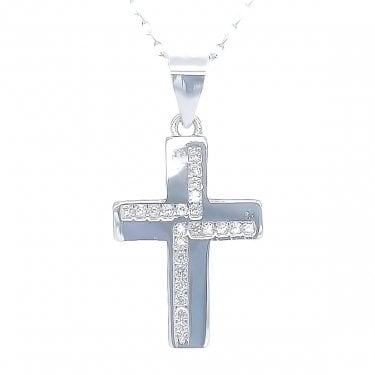 Sterling Silver Plain with Alternate CZ Sides Cross Necklace 18x12mm, 16-18"