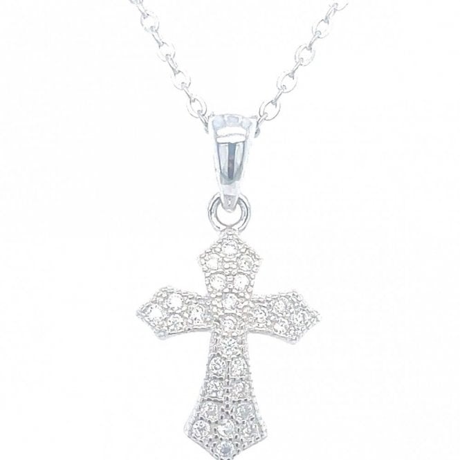 Faith Sterling Silver Sterling Silver Pointed Edge Pave Set Small Cross Necklace 15x12mm, 16-18