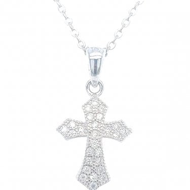 Sterling Silver Pointed Edge Pave Set Small Cross Necklace 15x12mm, 16-18"