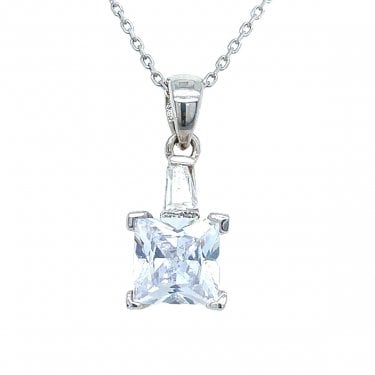 Sterling Silver Princess Cut 4 Claw CZ with Bar Top Necklace 15x8mm, 16-18"
