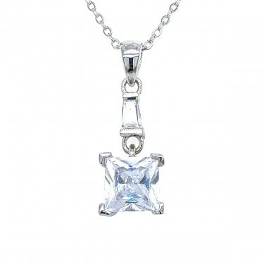 Sterling Silver Princess Cut CZ with Bar Top Necklace 18x7mm, 16-18"