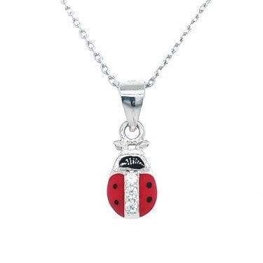 Sterling Silver Red Ladybird with CZ Row Necklace 10x7mm, 16-18"