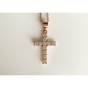 Sterling Silver Rose Gold 11 Stone Claw Set Cross 18 x 14mm on Diamond Cut Chain