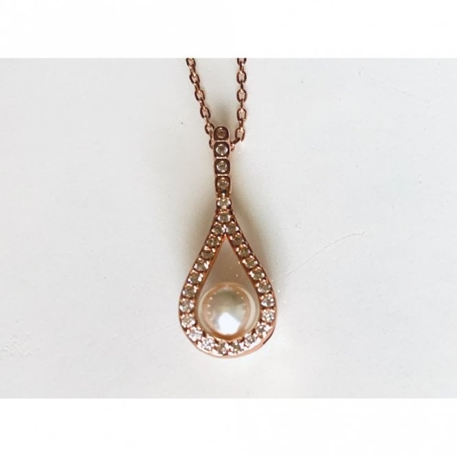 Faith Rose Gold Sterling Silver Sterling Silver Rose Gold 4 CZ Rubover Drop with CZ Pear Outline & Single Pearl 24 x 9mm Pendant on Diamond Cut Chain