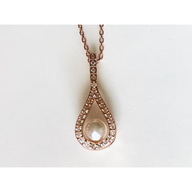 Sterling Silver Rose Gold 4 CZ Rubover Drop with CZ Pear Outline & Single Pearl 24 x 9mm Pendant on Diamond Cut Chain