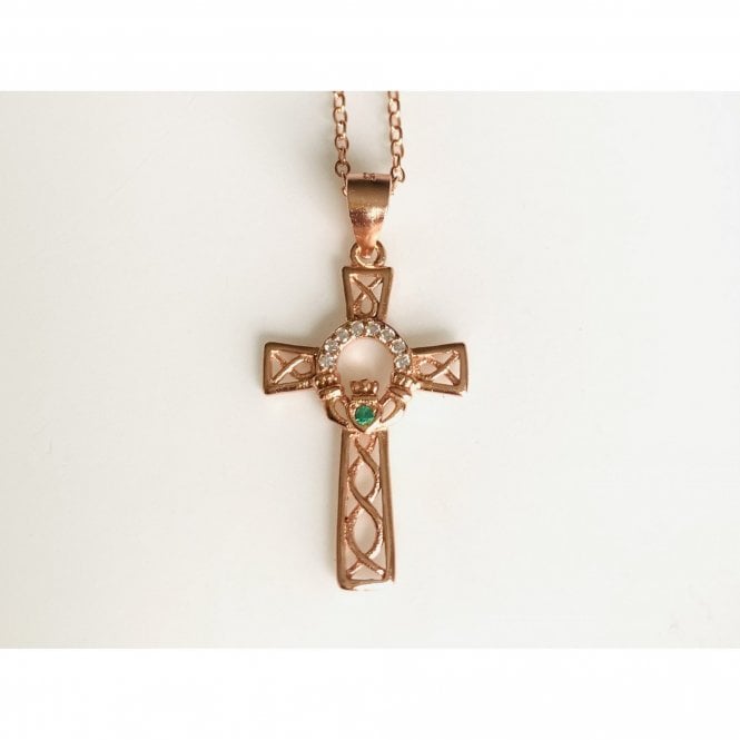 Faith Rose Gold Sterling Silver Sterling Silver Rose Gold Celtic Cross Pendant 22 x 15mm on Diamond Cut Chain
