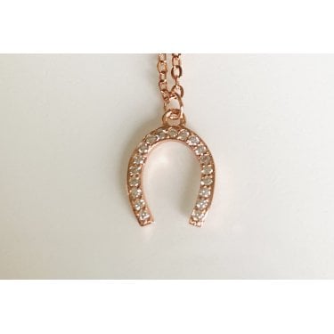 Sterling Silver Rose Gold Claw Set CZ Horsehoe Pendant 10 x 9mm on Diamond Cut Chain