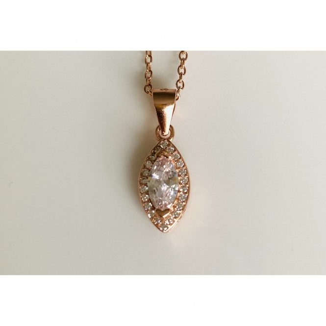 Faith Rose Gold Sterling Silver Sterling Silver Rose Gold CZ Marquise Halo Pendant 12 x 6mm on Diamond Cut Chain