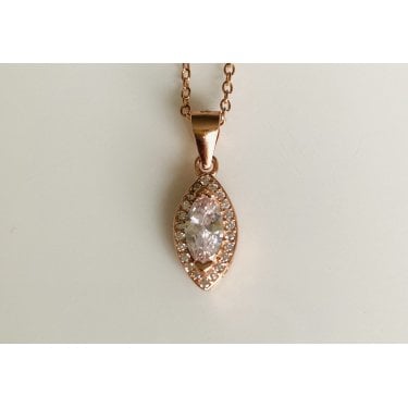 Sterling Silver Rose Gold CZ Marquise Halo Pendant 12 x 6mm on Diamond Cut Chain