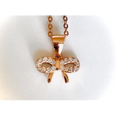 Sterling Silver Rose Gold CZ Top Bow 7 x 12mm Pendant on Diamond Cut Chain
