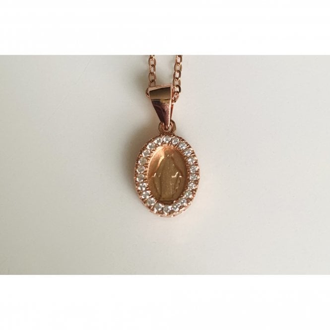 Faith Rose Gold Sterling Silver Sterling Silver Rose Gold CZ Trim Miraculous Medal Pendant 11 x 8mm on Diamond Cut Chain