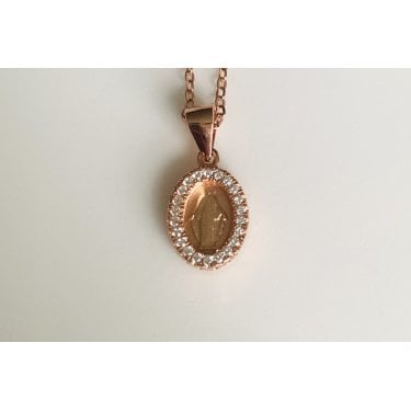 Sterling Silver Rose Gold CZ Trim Miraculous Medal Pendant 11 x 8mm on Diamond Cut Chain
