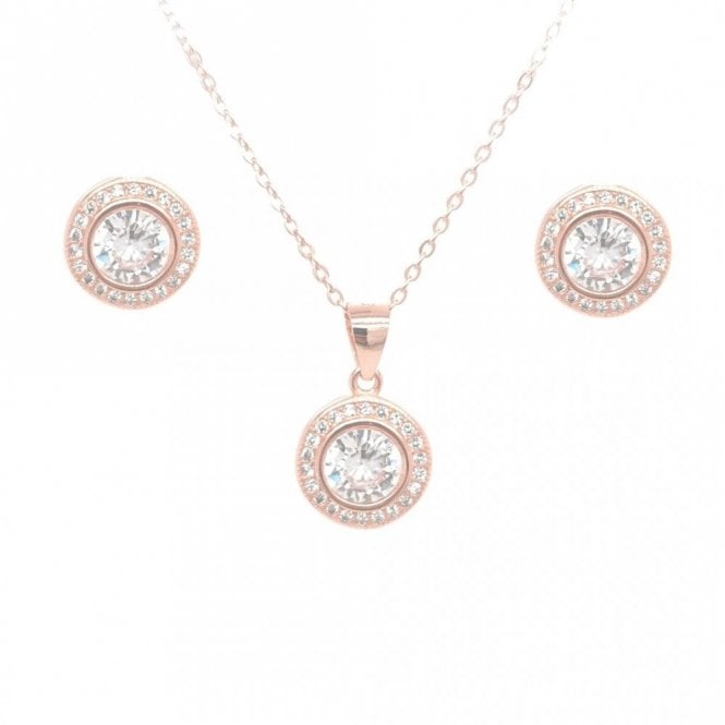 Faith Rose Gold Sterling Silver Sterling Silver Rose Gold E-Coated CZ Round Halo Earring and Pendant Set 11x11mm