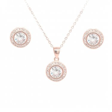 Sterling Silver Rose Gold E-Coated CZ Round Halo Earring and Pendant Set 11x11mm