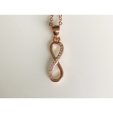 Sterling Silver Rose Gold Half CZ Half Plain Infinity Pendant 16 x 5mm on Diamond Cut Chain