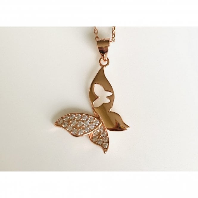 Faith Rose Gold Sterling Silver Sterling Silver Rose Gold Half Pave Half Plain with Cut-out Butterfly Pendant 21 x 19mm on Diamond Cut Chain