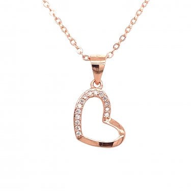 Sterling Silver Rose Gold Half Plain Half CZ Offset Heart Necklace 13x9mm, 16-18"