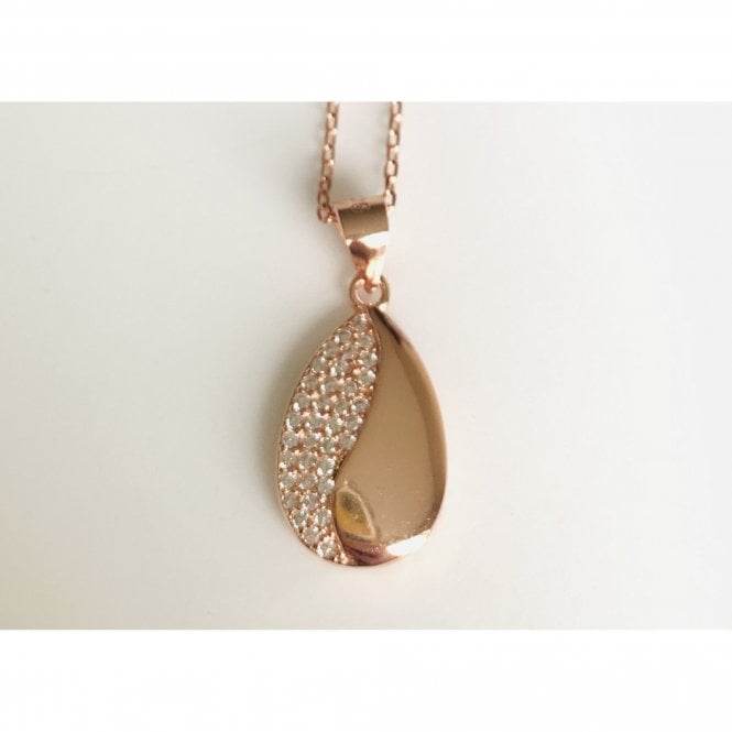Faith Rose Gold Sterling Silver Sterling Silver Rose Gold Half Plain Half Pave Set Teardrop Pendant 17 x 10mm on Diamond Cut Chain