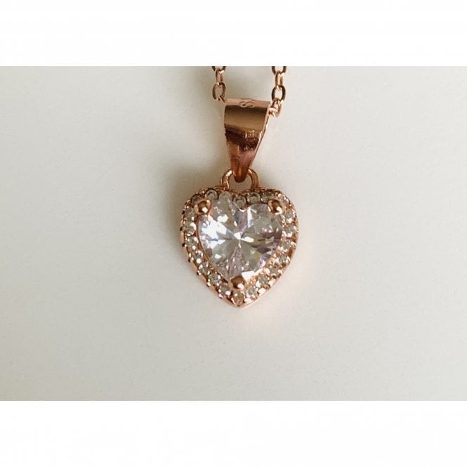 Faith Rose Gold Sterling Silver Sterling Silver Rose Gold Heart CZ Centre with Claw Set Halo Pendant 8 x 8mm on Diamond Cut Chain