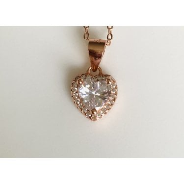 Sterling Silver Rose Gold Heart CZ Centre with Claw Set Halo Pendant 8 x 8mm on Diamond Cut Chain